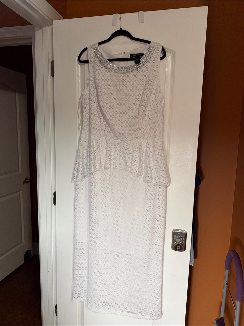 Ashley Stewart White Beaded Neck Peplum Midi Dress